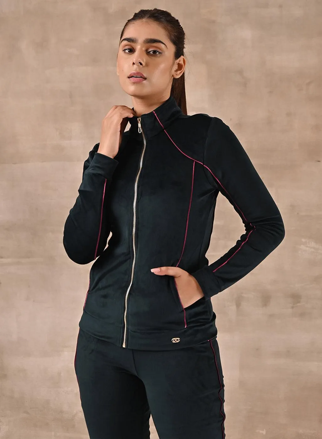 Forest Green Paneled High Neck Track Suit