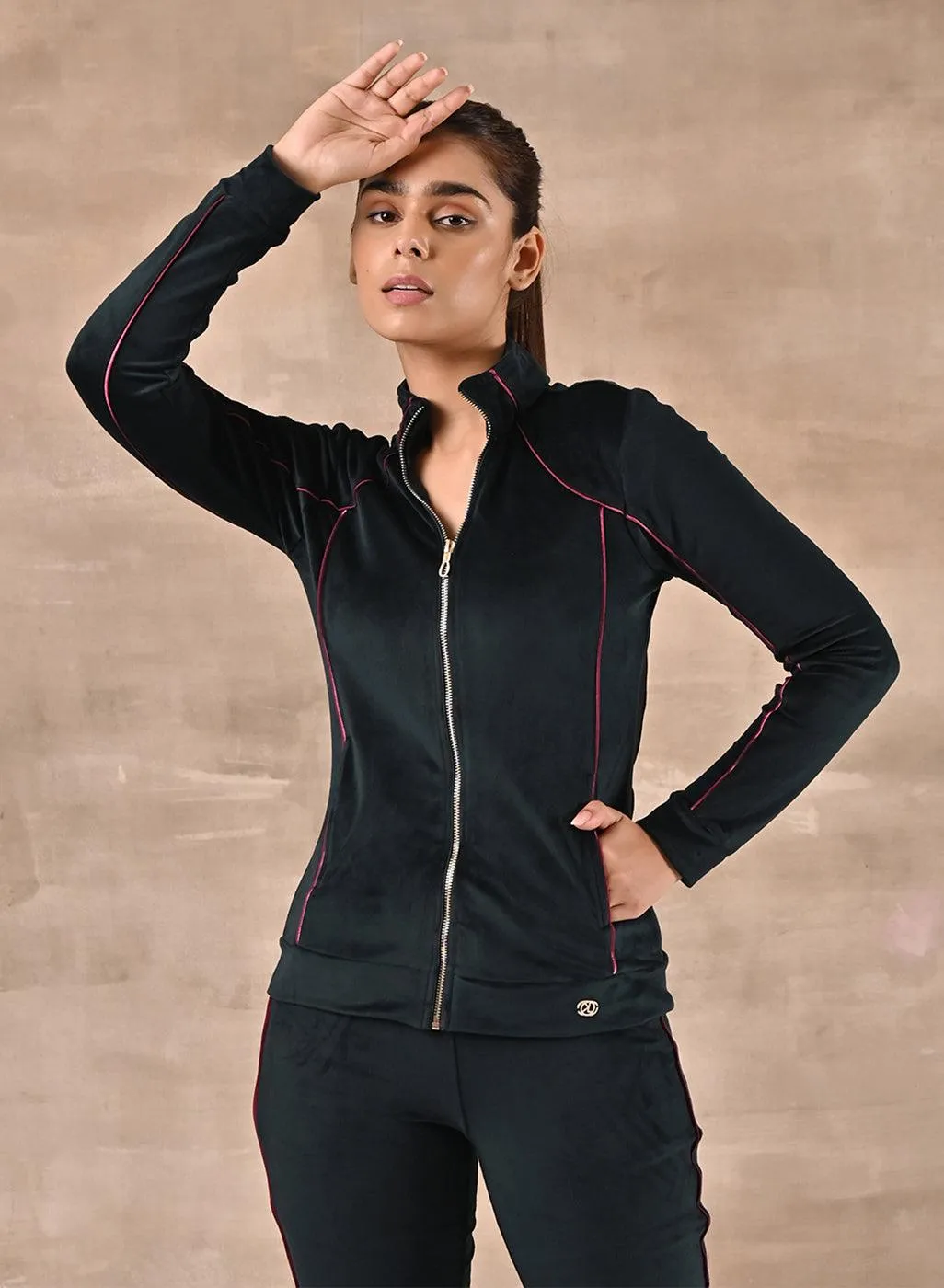 Forest Green Paneled High Neck Track Suit