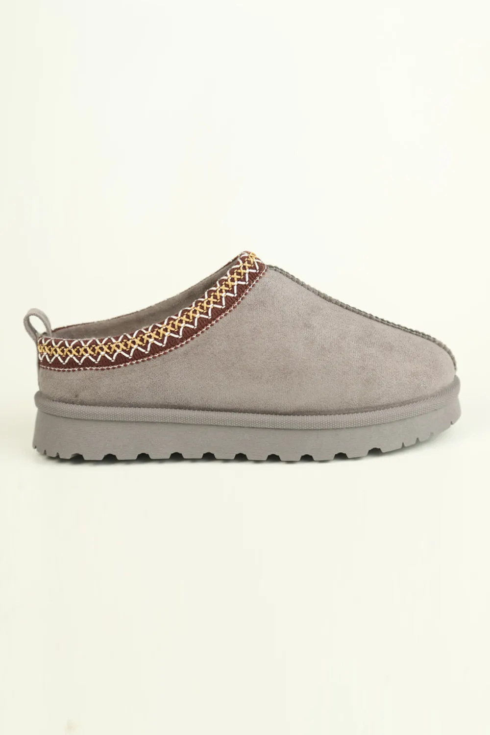 GREY FAUX SUEDE EMBROIDERED COZY SLIPPER BOOTS