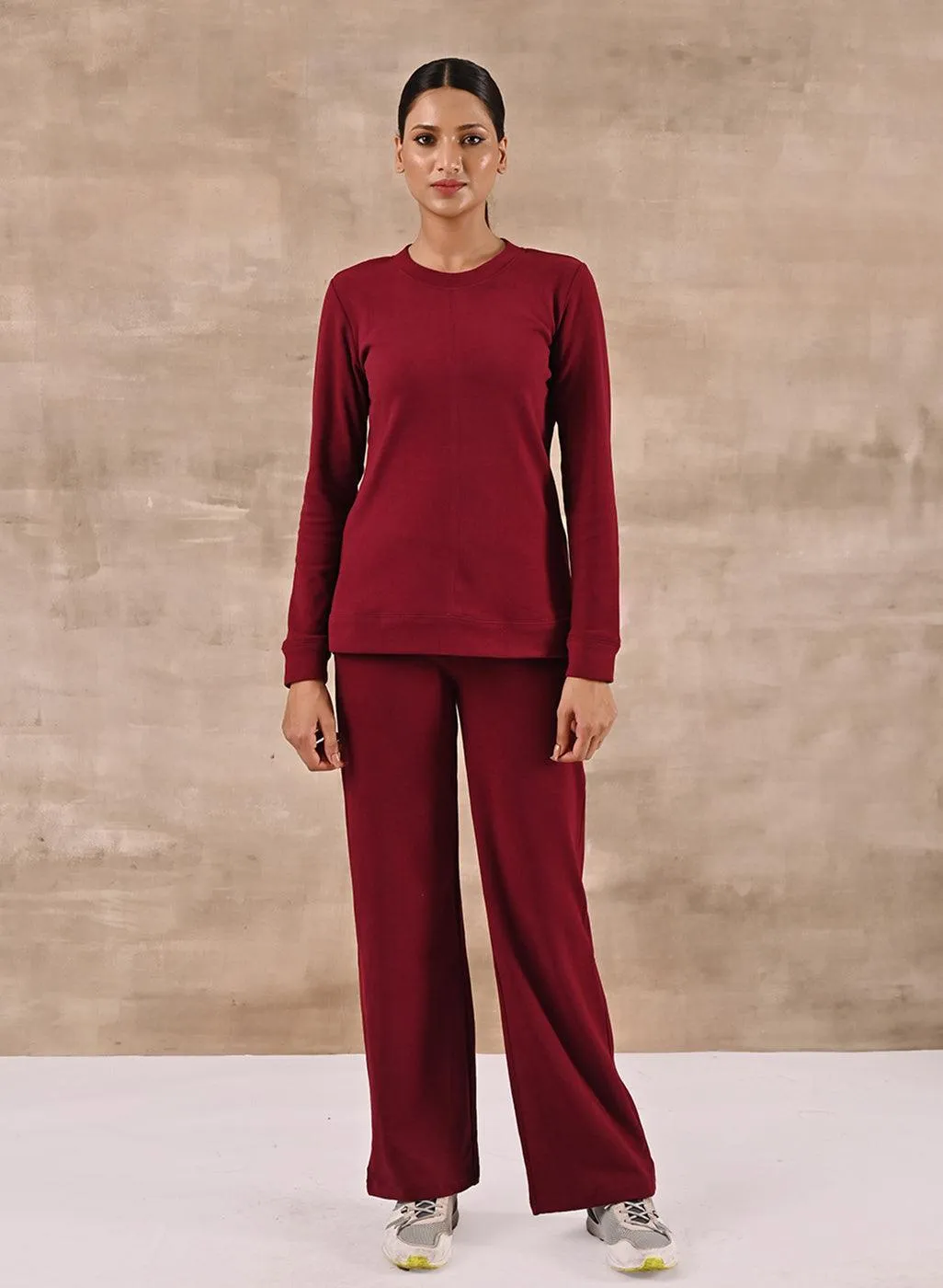 Maroon Solid Round Neck Track Suit