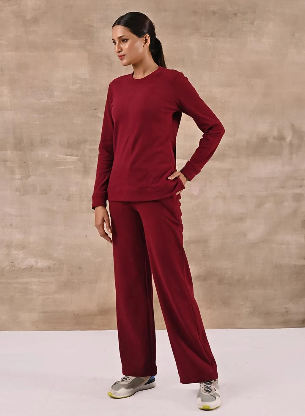 Maroon Solid Round Neck Track Suit