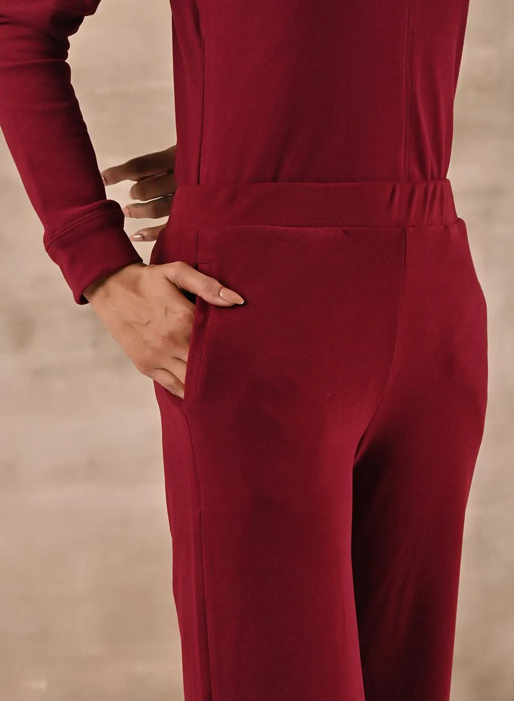 Maroon Solid Round Neck Track Suit