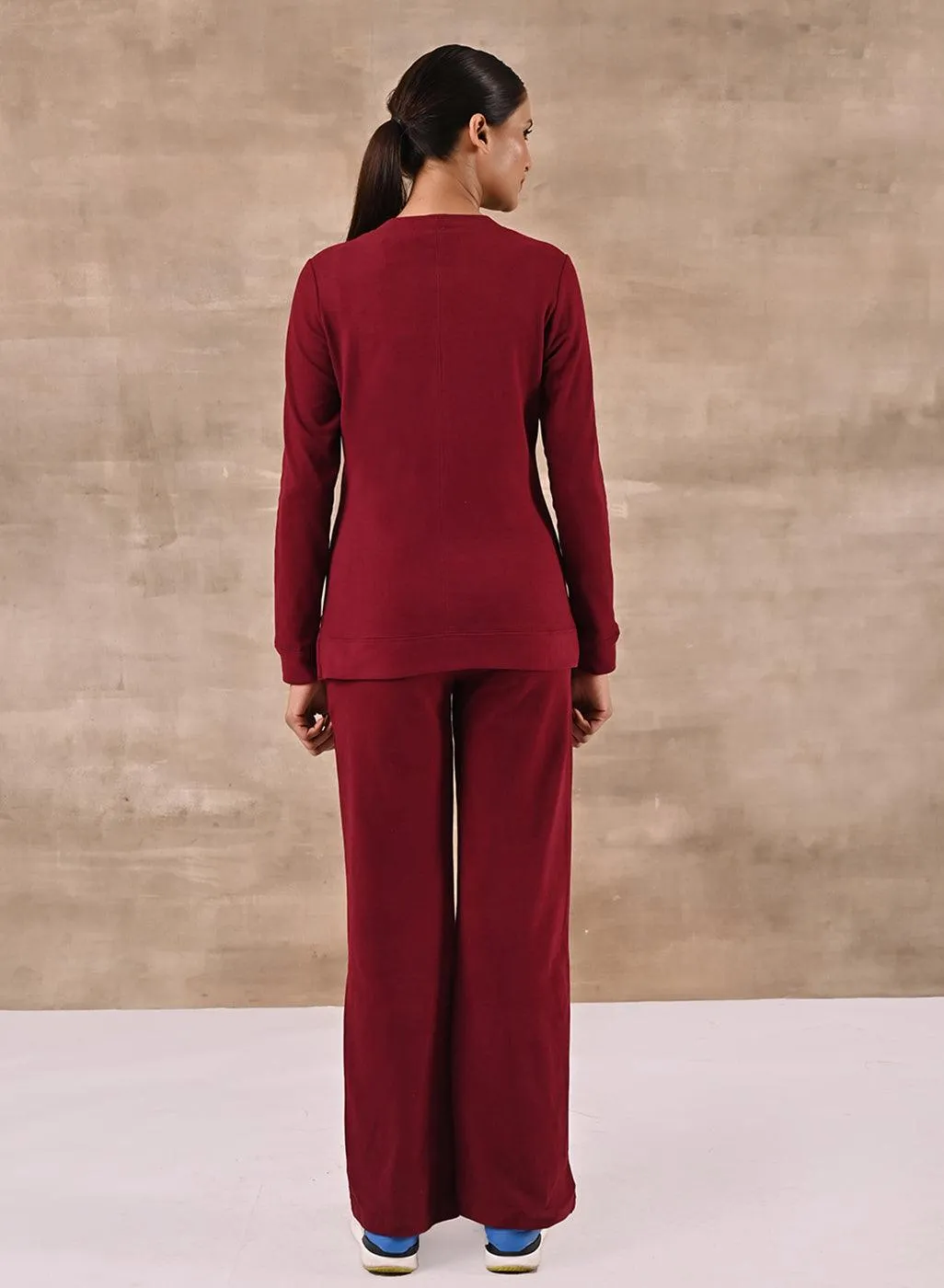 Maroon Solid Round Neck Track Suit